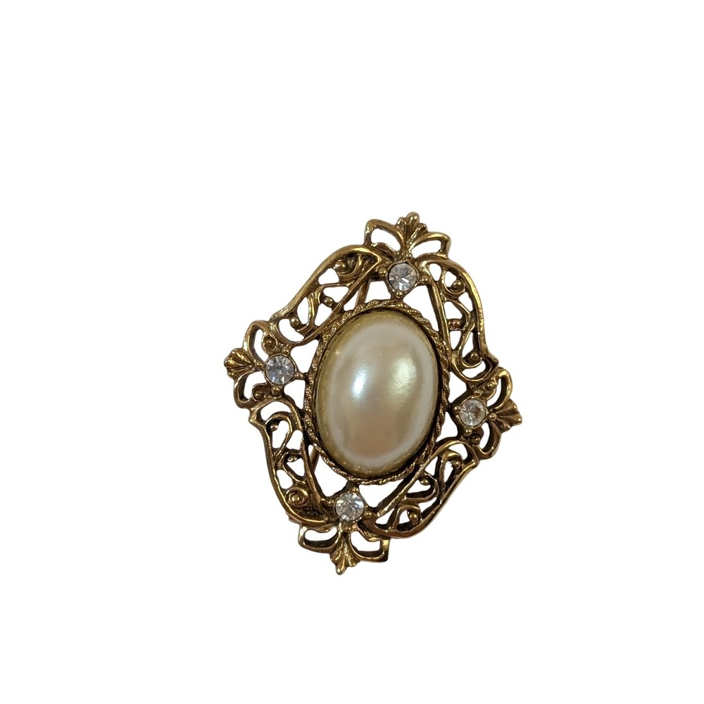 Vintage Gold Tone Faux Pearl Rhinestone Filigree Brooch Pin Victorian Style